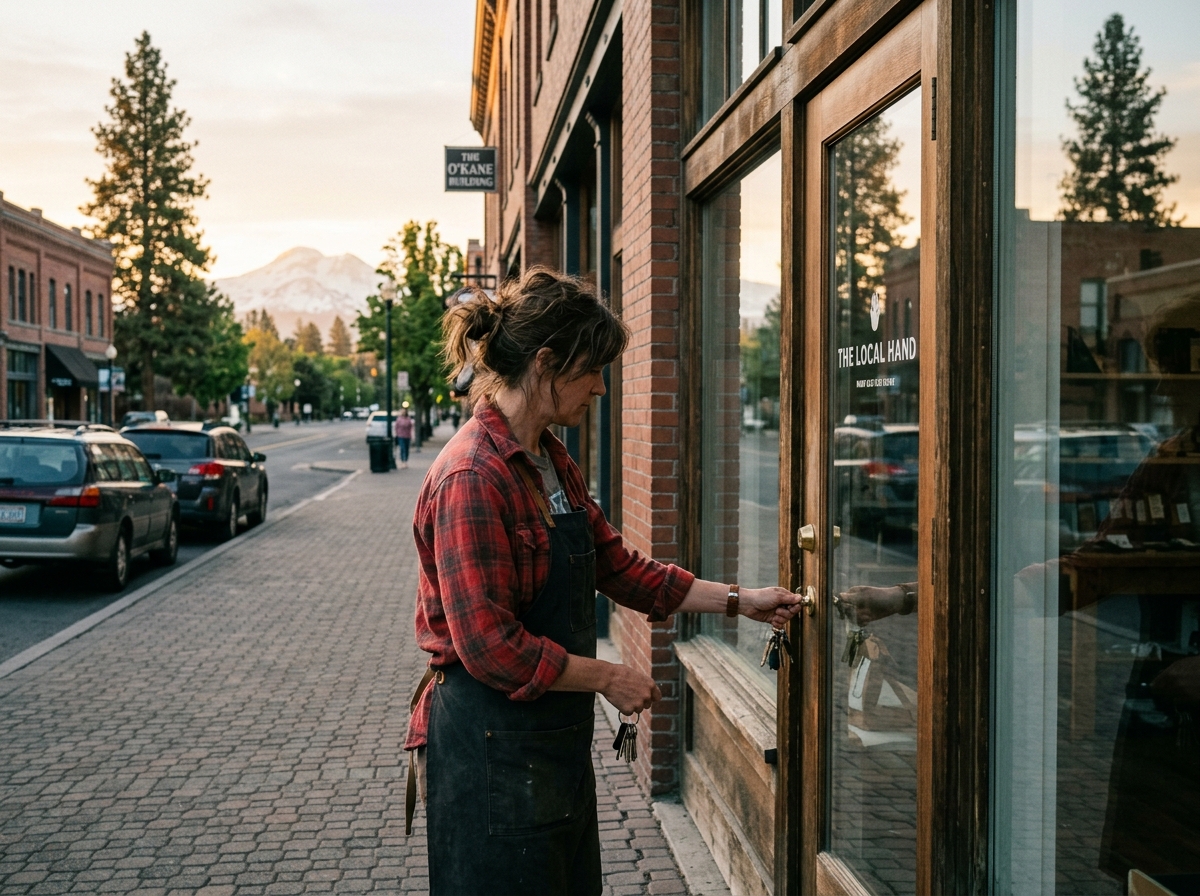 Bend shop owner at sunrise